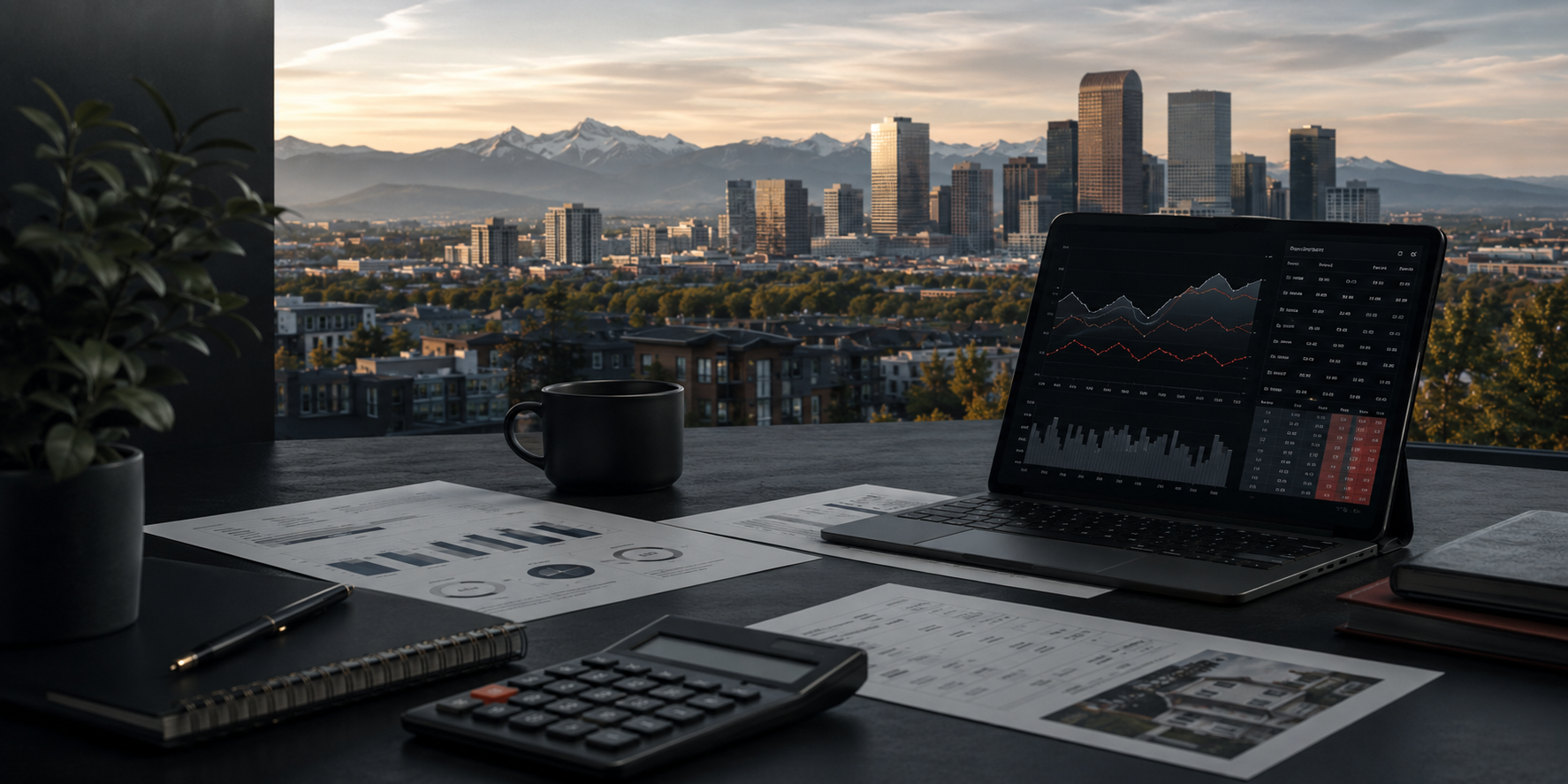 Denver skyline and mortgage market workspace at golden hour