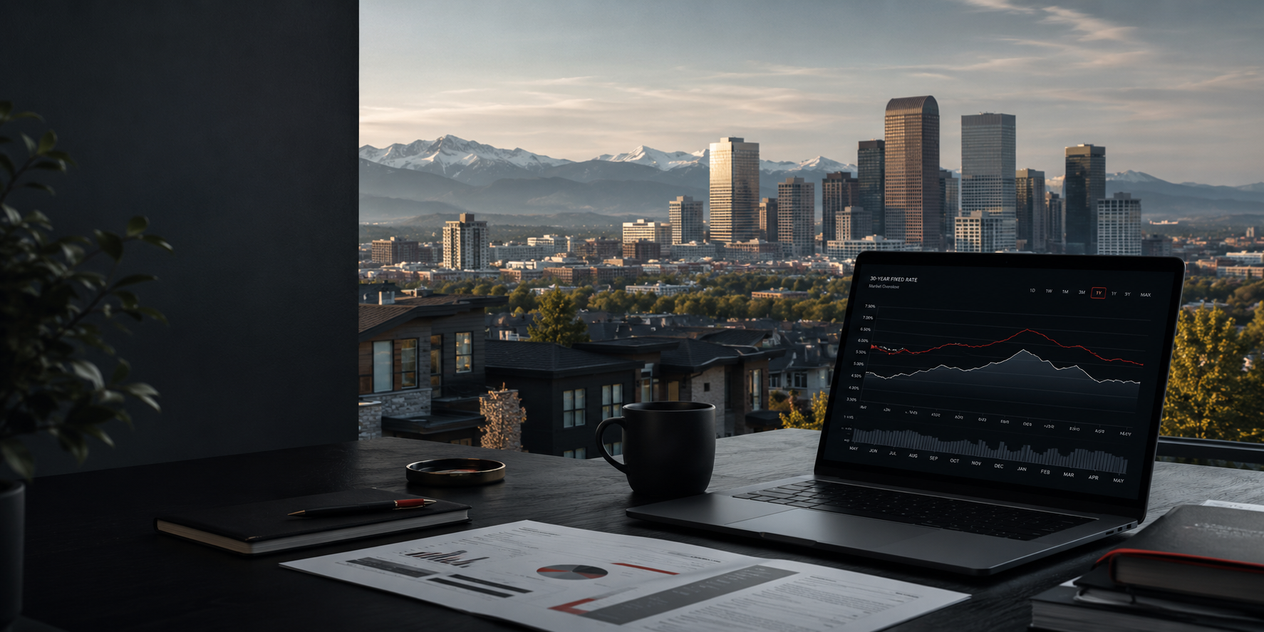 Financial workspace overlooking Denver
