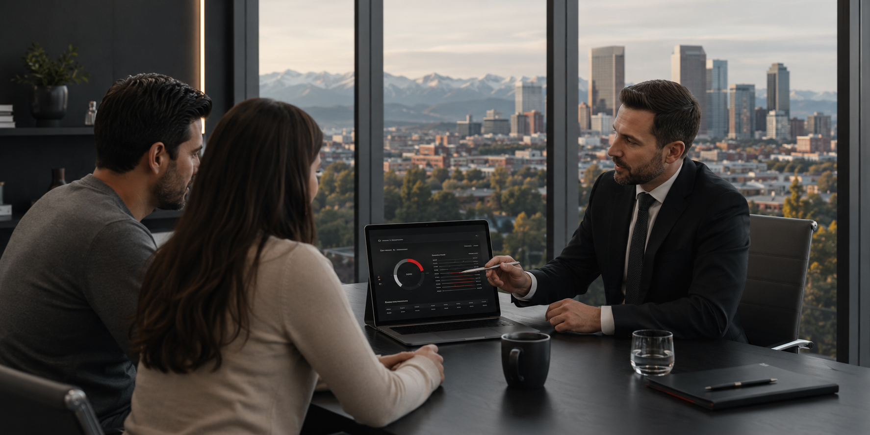 Mortgage consultation with Denver skyline view